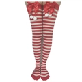 Red and white striped over-knee stockings with satin bows and white fuzzy pom-poms - Red White Striped Socks with Red Bow Pompom