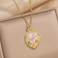 Baroque pearl pendant with pink enamel flowers on a gold chain in jewelry box - Oval Pearl Leaf - Pink (A7粉)
