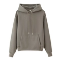Detail von graubraubraunem Hoodie mit Kapuze, Kängurutasche und Etikett in der Größe S - S / Taupefarbenes Oberteil
