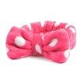 Detail van roze koraalvlies hoofdband met witte stippen en een grote zachte strik - Wit met rozerode stippen