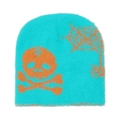 Détail du bonnet bleu pelucheux avec motifs orange de crâne et toile d'araignée - M (56-58cm) / Bleu lac