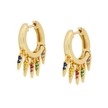 Detail of gold hoop earrings with multi-colored gemstones and spiked charms - Gold/Multicolor Zirconia