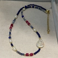 Baroque pearl and lapis lazuli beaded bracelet with adjustable gold chain and red agate - Lapis Lazuli Baroque Pearl Necklace