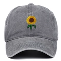 Close-up of vintage grey washed cotton baseball cap with sunflower embroidery detail - Adjustable / Gray