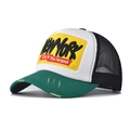 Detail of New York 3D embroidery on a green and white mesh trucker hat with distressed brim - Adjustable / Dark Green