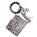 Leopard print card holder keychain with silicone beads, tassel, and cow Mama tag - Brown Leopard