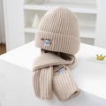 Detail of embroidered dachshund and My Dog text on beige ribbed knit hat and scarf set - Khaki