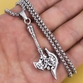 Vintage silver stainless steel axe pendant necklace with intricate engraved fantasy textures - Leviathan Axe