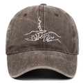 Close-up of vintage washed charcoal baseball cap featuring artistic hand embroidery - Coffee