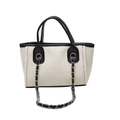 Minimalist cream canvas tote bag with black leather straps and silver chain details - Small / White