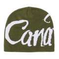 Detailed macro view of military green ribbed knit beanie with white letter jacquard pattern - M (56-58cm) / Army Green