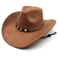 Classic brown suede western cowboy hat with woven decorative band and adjustable wind rope - M (56-58cm) / Khaki