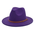 Detailed close-up of purple wool fedora hat featuring a brown leather belt with gold buckle - M (56-58cm) / Purple