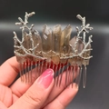 Handheld silver branch hair comb with smoky natural crystal quartz stones - Tawny + Branch