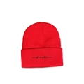 Close-up of red ribbed knit beanie featuring black cursive freedom embroidery detail - Red