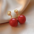 Detail of red glazed ball earrings with gold posts on elegant beige silk fabric - Red Pearl Real Gold Plated (60# Silver Needle-Red Pearl)