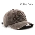 Distressed dark brown cotton baseball cap with New York patch embroidery and frayed edges - Adjustable / Brown