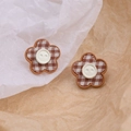 Brown plaid flower button stud earrings with a white center and fabric texture finish - Brown Plaid Flower Button Studs