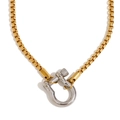 Two-tone gold and silver stainless steel box chain necklace with horseshoe shackle clasp - Two-tone Gold Silver 1 (N3386)