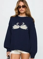 Detail of navy knit sweater featuring white swan jacquard and ribbed knit texture - S / Navy Blue