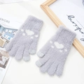 Winter gray knit flip-top gloves with white heart pattern and warm plush lining - One Size / Grey (Touch Paw)
