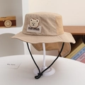 Detail showing beige sun hat breathable mesh fabric and adjustable windproof drawstring - 52cm 2-5 Years Old / Bear Style-Khaki