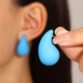 Vibrant bright blue water drop stud earrings in minimalist tear shape for women - Light Blue Matte Drop