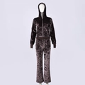 Detail of dark brown crushed velvet tracksuit featuring a zippered hoodie and matching pants - S / Dark Brown