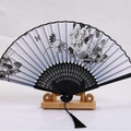 Japanese style ink painting folding fan with black bamboo ribs and elegant tassel - Black Ribs Pattern 27