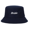 Detailed view of white Bride embroidery on a navy blue cotton bucket sun hat - Navy Blue