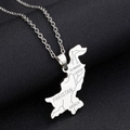 Macro shot of silver Pakistan map pendant on black leather showing engraved city details - Etched Engraving Style / Steel