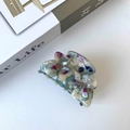 Pince à cheveux fleurie en acétate avec dégradé bleu-violet et strass roses brillants - Vert Fleuri