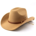 Classic camel felt cowboy hat with wide brim and brown leather strap with gold buckle - M(56-58cm) / Camel