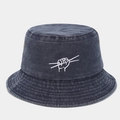 Detail of navy blue washed denim bucket hat with white embroidery and metal eyelets - M (56-58cm) / Navy Blue