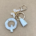 Letter Q keychain with white stones, gold foil, white butterfly and tassel details - Letter Q