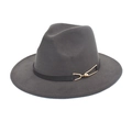 Detail view of dark grey wool fedora hat featuring a black band with a golden buckle - Dark Gray