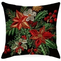 Close-up of red poinsettia and berry print on a black linen Christmas pillow cover - 45*45cm (Insert Not Included) / Black Poinsettia Floral