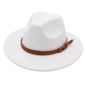 Classic white wool felt fedora hat featuring a brown leather belt buckle strap design - One Size / White