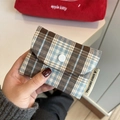 Vintage checkered mini wallet in brown and blue with snap closure and side label - Vintage Plaid Single Layer Card Holder