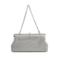 Sparkling silver rhinestone rectangular evening clutch with thin metal chain strap - Silver Full Zirconia Style