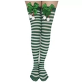 Green and white striped Christmas over-knee socks with green bows and white pom-poms - Green White Striped Socks with Green Bow Pompom