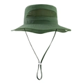 Detailed view of dark green kids sun hat featuring breathable mesh and adjustable wind cord - Army Green