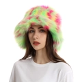 Close-up of colorful faux fur bucket hat with neon green, pink and yellow plush texture - Green Red Multi