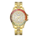 Women luxury gold watch with rainbow crystal bezel and iced out dial with three sub-dials - Gold
