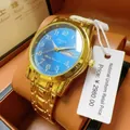 Luminous gold steel quartz watch for men with blue sunray dial and day-date window - Full Gold with Blue Dial