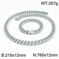 Ensemble collier et bracelet à chaîne cubaine en acier inoxydable argenté avec boucle - Ensemble Couleur Argent 12mm (KS141849-Z)