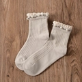 Beige cotton ribbed crew socks for girls featuring elegant lace trim and pearl bead accents - One Size / Light Beige