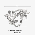 Silver stainless steel leaf ring with adjustable open band design for women - Silver