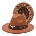Detail of brown fedora hat with leather belt and metal bull head on leopard brim - M (56-58cm) / Khaki