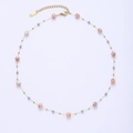 Multilayer titanium steel necklace with pink natural stone beads and small grey pearls - Pink Marble Beads